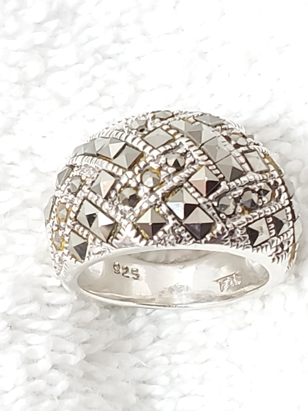 Vintage FAS 925 Sterling Silver Marcasite Lattice Dome Ring Band Size SEE PHOTOS